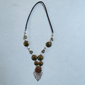 Vintage Peruvian Coin Necklace Ceramic Beads Leather Cord Long Over Head